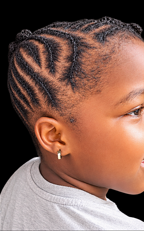 Side view showing the braid pattern in a child’s natural hairstyle
